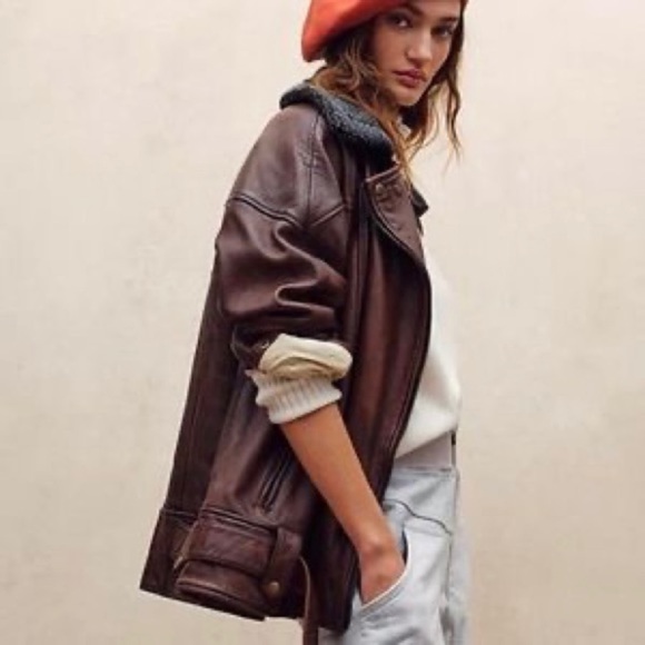 NWOT Free People Rori Slouchy Moto Genuine Leather Jacket with Sherpa Collar - Picture 3 of 9